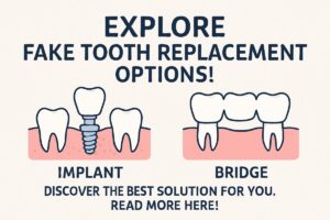 Image showcasing a comparison of different "fake tooth replacement" options, such as a dental implant, a traditional bridge, and a Maryland bridge, with a brief description of each highlighting their pros and cons. No text on image.