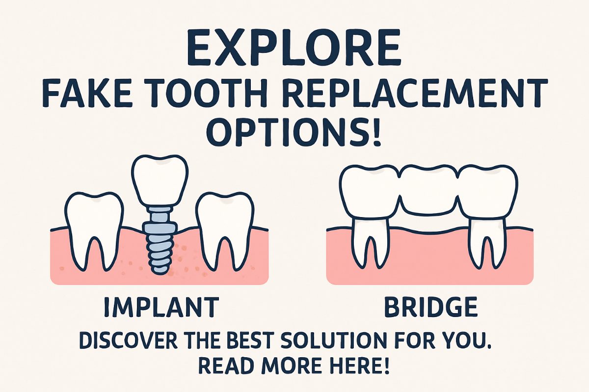 Image showcasing a comparison of different "fake tooth replacement" options, such as a dental implant, a traditional bridge, and a Maryland bridge, with a brief description of each highlighting their pros and cons. No text on image.