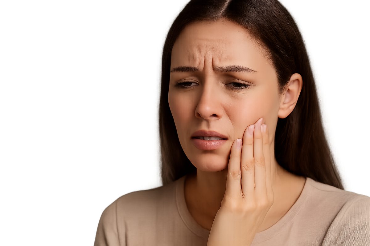 Image of a young woman with a concerned expression, gently touching her jawline, indicating pain or discomfort, with a faint, transparent overlay of an X-ray showing impacted wisdom teeth in the background. No text on image.