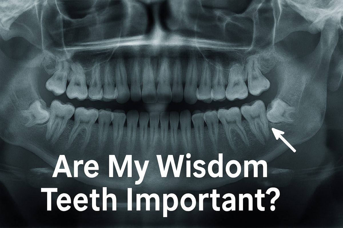 Close up x-ray of an adult mouth, with arrows pointing at the wisdom teeth. Text on image says "Are My Wisdom Teeth Important?"