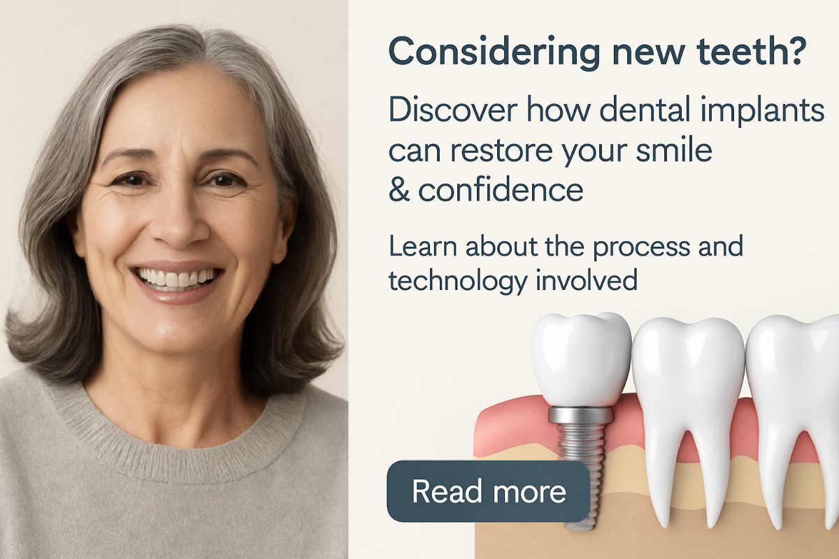 Image of a dentist smiling and pointing to a set of bright, white dental implants in a patient's mouth. The implants look natural and healthy, blending seamlessly with the patient's existing teeth, showing restored confidence. No text on image.