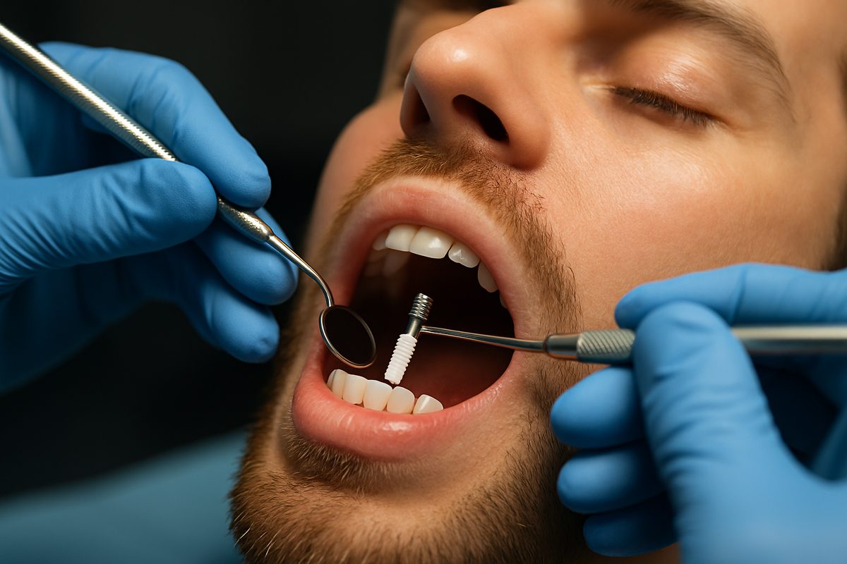 Close up image of a dentist placing a single dental implant into a patient's jaw. The image should be professionally lit and showcase the precision of the procedure. No text on image.