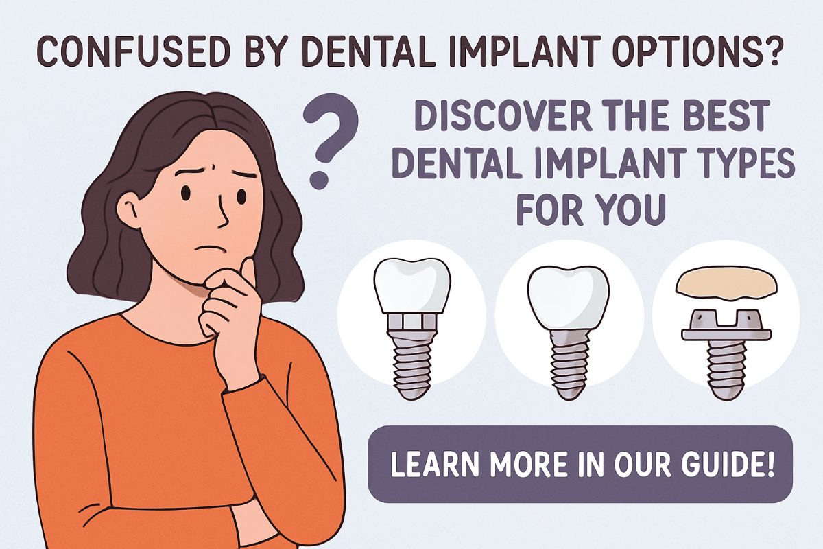 Image showcasing the two main dental implants types, endosteal and zygomatic implants. One side of the image shows a jawbone with an endosteal implant supporting a single crown, while the other side illustrates a zygomatic implant anchored in the cheekbone, supporting a full arch restoration. No text on the image.