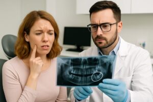 A concerned patient is pointing to their jaw in a dentist's office, while the dentist looks at an x-ray of the patient's mouth, highlighting an impacted wisdom tooth, no text on the image.
