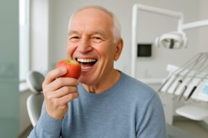 Image of a smiling senior patient with all-on-4 dental implants, confidently eating an apple. The background shows a modern dental office setting. No text on image.