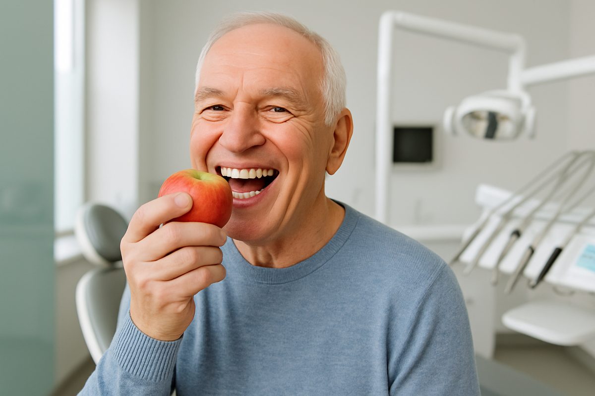 Image of a smiling senior patient with all-on-4 dental implants, confidently eating an apple. The background shows a modern dental office setting. No text on image.