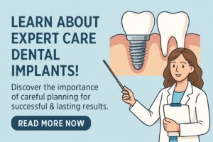 Image of a dentist holding a dental implant in front of a digital x-ray. The x-ray clearly shows the patient's jaw with existing and planned dental implants. No text on the image.