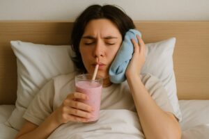 A person resting in bed, drinking a smoothie, and icing their jaw to represent wisdom teeth removal recovery. No text on image.