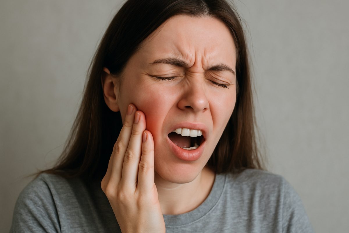 Image showcasing a dental professional explaining the placement of upper dental implants on a 3D model of an upper jaw to a patient, highlighting the implant's position relative to the sinus cavity. No text on image.