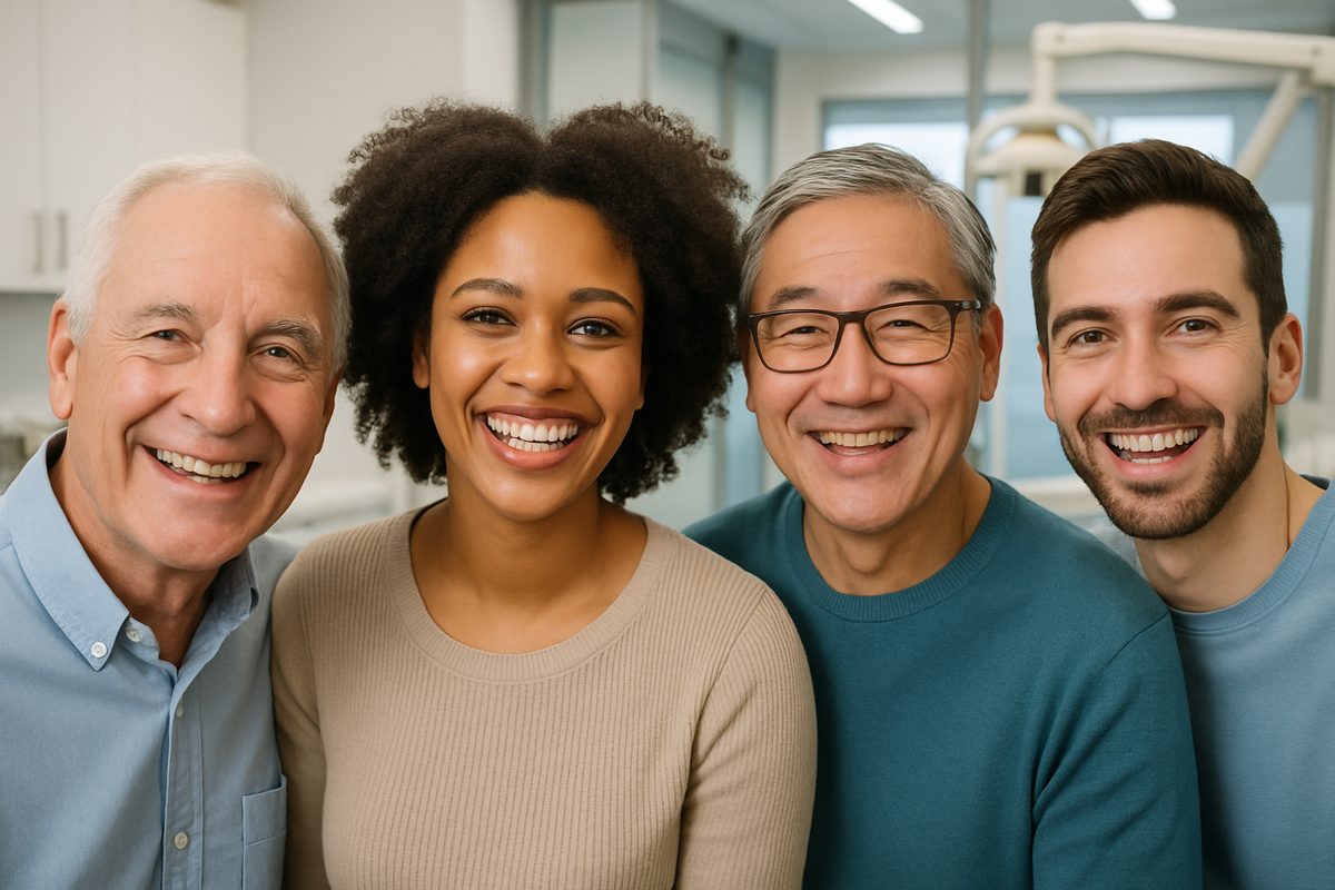 Image of a diverse group of smiling people, showcasing various ages and ethnicities, all with natural-looking dental implants and healthy gums. The background is a modern dental office setting. No text on image.