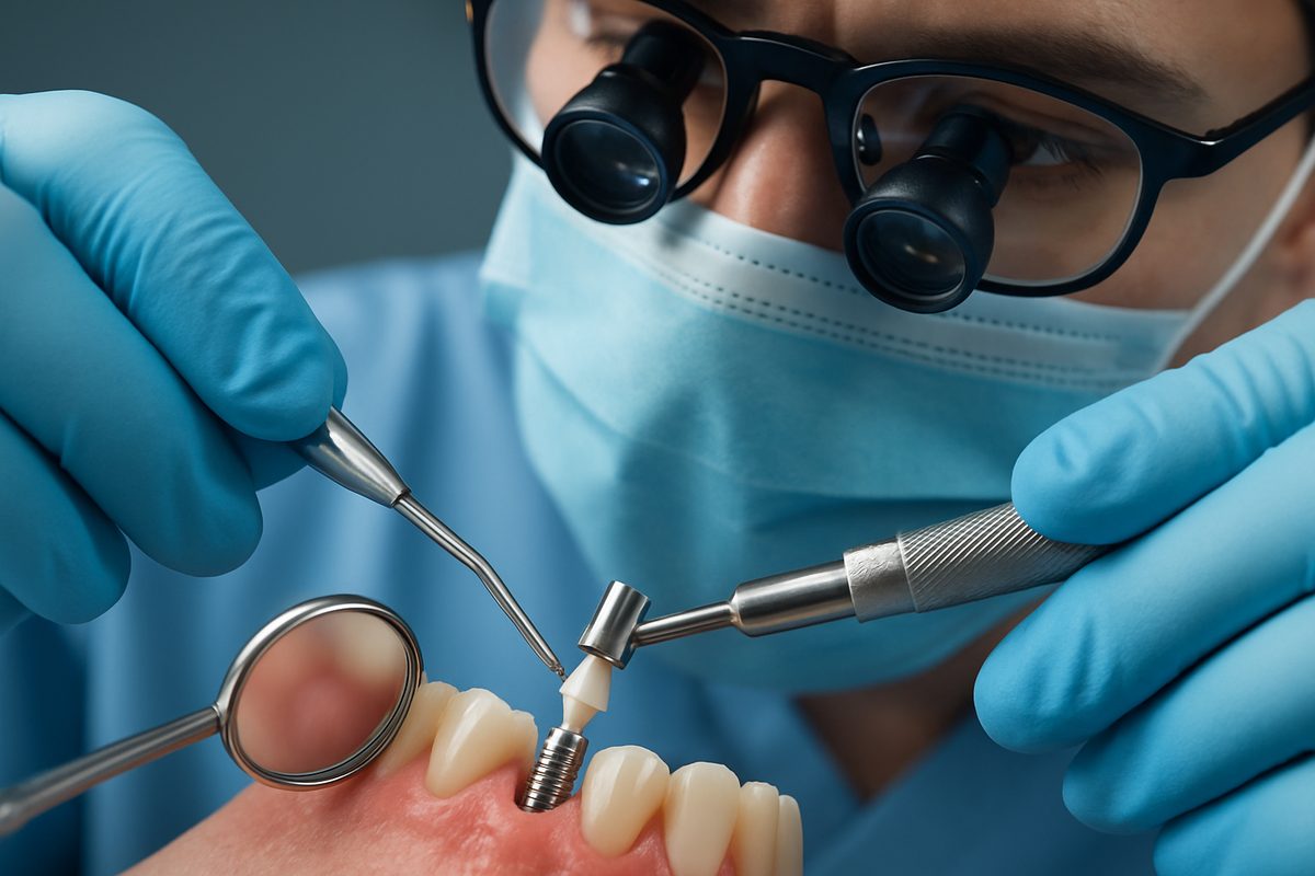 Close-up angled shot of a dental professional carefully attaching a custom abutment to a dental implant, highlighting the precision involved. No text on image.