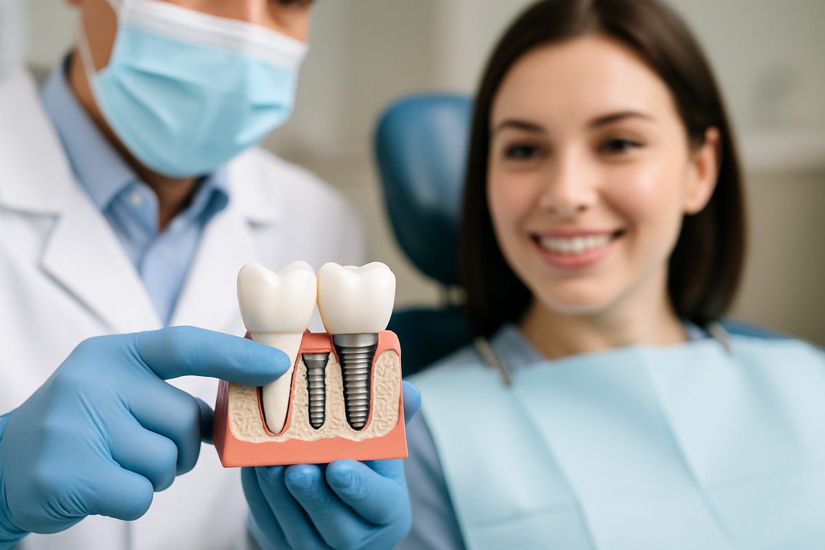 A close up of a dentist pointing to a 3D model of good dental implants, with a patient in the background. No text on image.