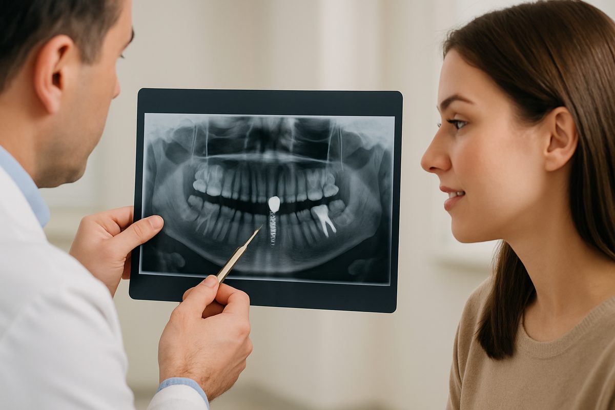 A dentist is pointing to a porcelain tooth implant on a set of x-rays to explain the process to a patient. No text on the image.