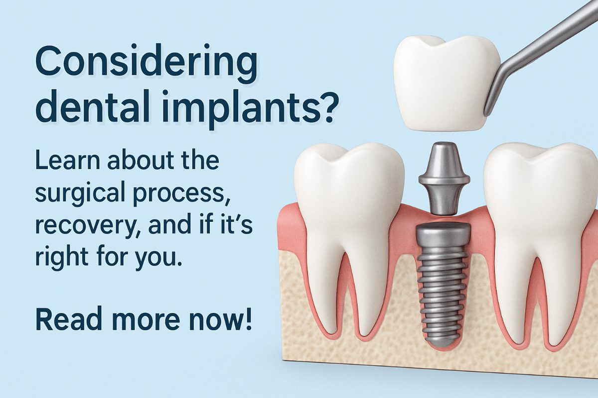 A surgeon installing a dental implant into a patient's jaw, using digital navigation with the text overlay "Precision Implant Placement".