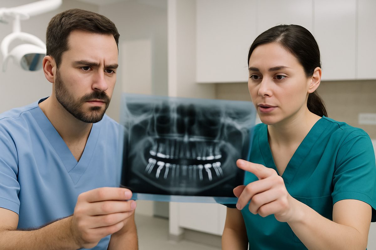 Image of a dentist consulting with an oral surgeon while looking at a panoramic x-ray of a patient's mouth, with dental implants visible. The setting is a modern dental office, and both professionals are wearing scrubs and appear focused on the image. No text on image.
