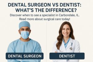 A split image comparing a general dentist performing a routine checkup with an oral surgeon conducting a complex surgery, emphasizing the differences in their roles. No text on the image.