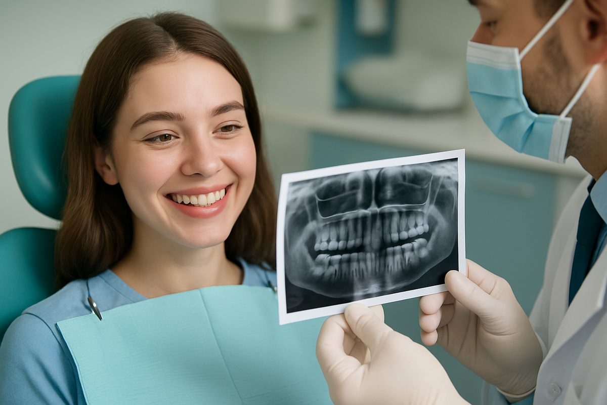Image of a smiling young woman in a dental chair, with a dentist showing her an X-ray clearly indicating the absence of wisdom teeth. No text on image.