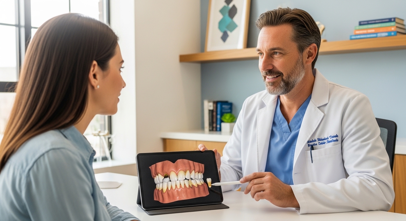 Patient consulting with oral surgeon about wisdom teeth in dental office