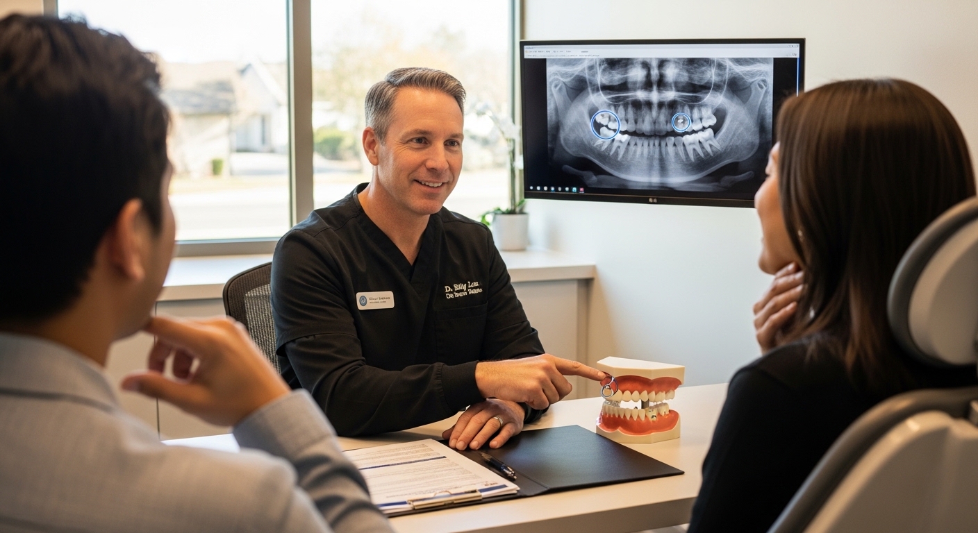 Patient consultation with an oral surgeon about wisdom tooth pain in a modern dental office.