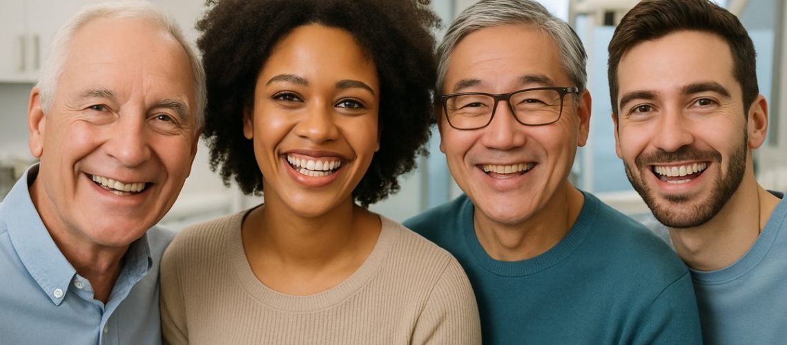 Image of a diverse group of smiling people, showcasing various ages and ethnicities, all with natural-looking dental implants and healthy gums. The background is a modern dental office setting. No text on image.