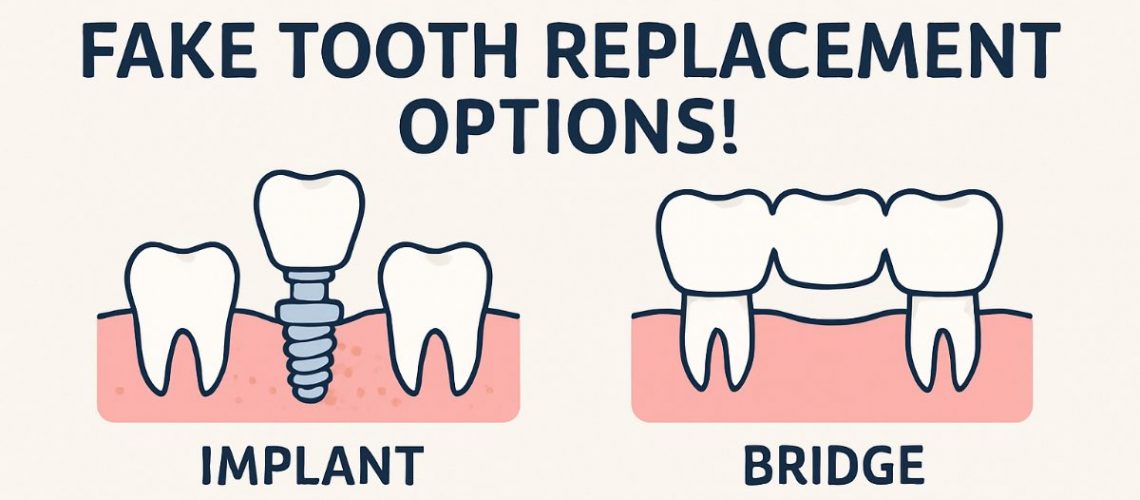 Image showcasing a comparison of different "fake tooth replacement" options, such as a dental implant, a traditional bridge, and a Maryland bridge, with a brief description of each highlighting their pros and cons. No text on image.