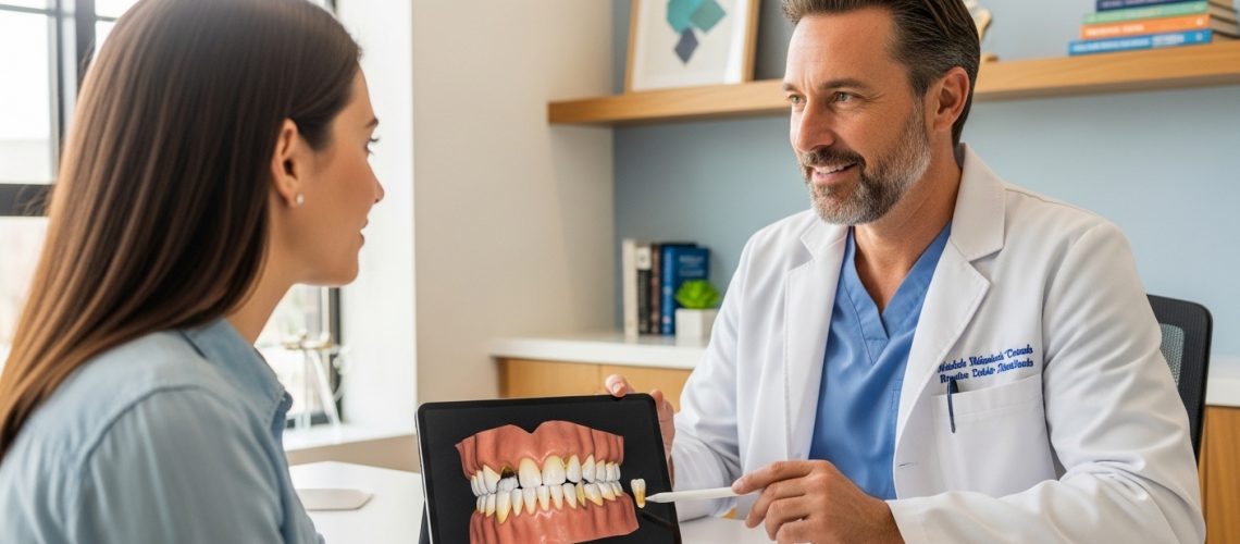Patient consulting with oral surgeon about wisdom teeth in dental office