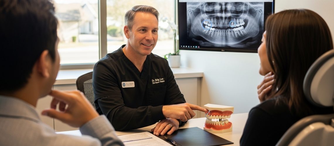 Patient consultation with an oral surgeon about wisdom tooth pain in a modern dental office.