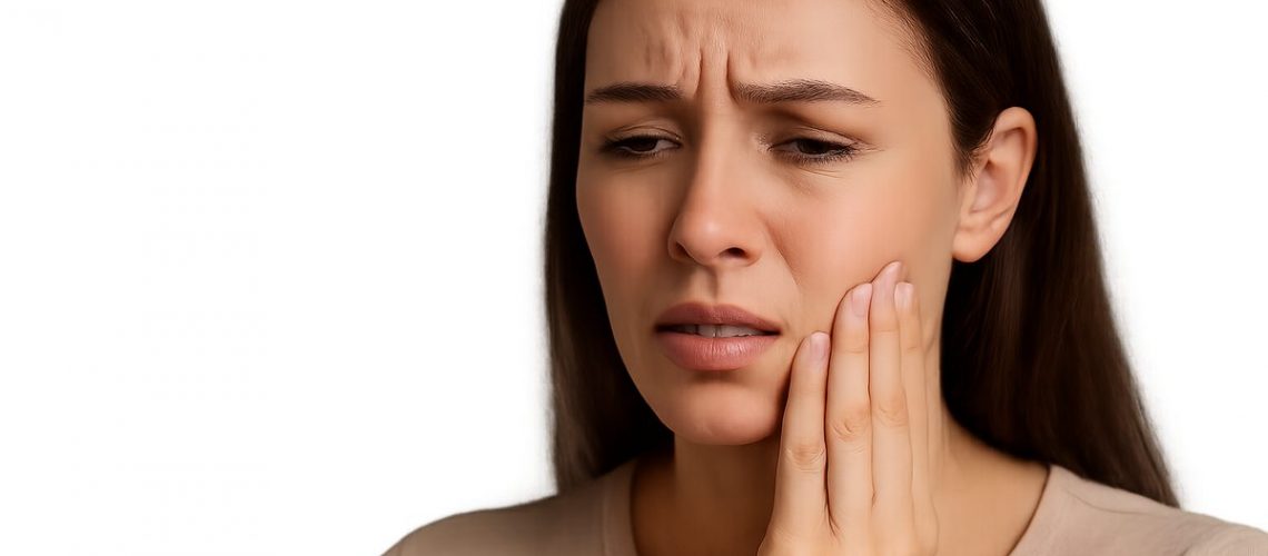 featured-image-46a1ceae.jpg Image of a young woman with a concerned expression, gently touching her jawline, indicating pain or discomfort, with a faint, transparent overlay of an X-ray showing impacted wisdom teeth in the background. No text on image.