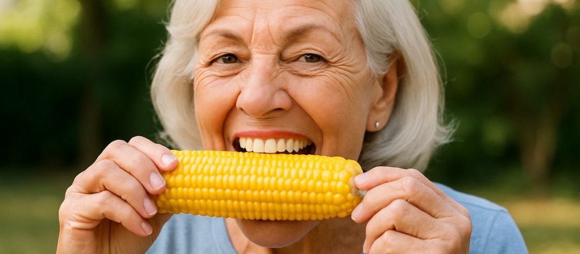 Image of a smiling senior woman confidently eating corn on the cob with stable dentures, implying the benefit of denture dental implants. No text on image.
