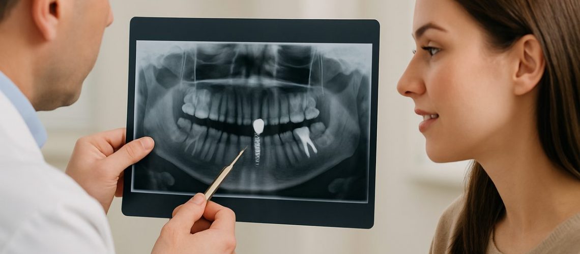 A dentist is pointing to a porcelain tooth implant on a set of x-rays to explain the process to a patient. No text on the image.