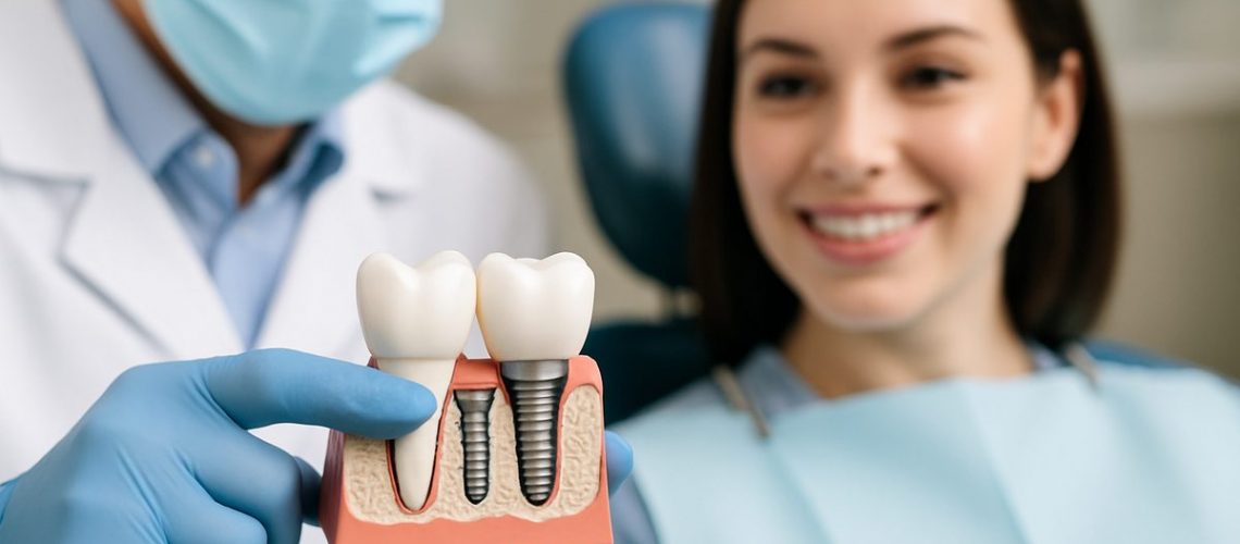 A close up of a dentist pointing to a 3D model of good dental implants, with a patient in the background. No text on image.