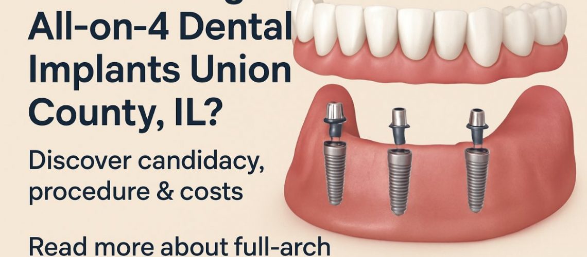 A dentist is consulting with a patient about All-on-4 dental implants while pointing to a digital scan of the patient's jaw. The image conveys a sense of advanced technology and personalized care. No text on image.