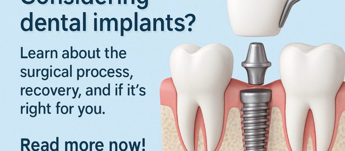 A surgeon installing a dental implant into a patient's jaw, using digital navigation with the text overlay "Precision Implant Placement".