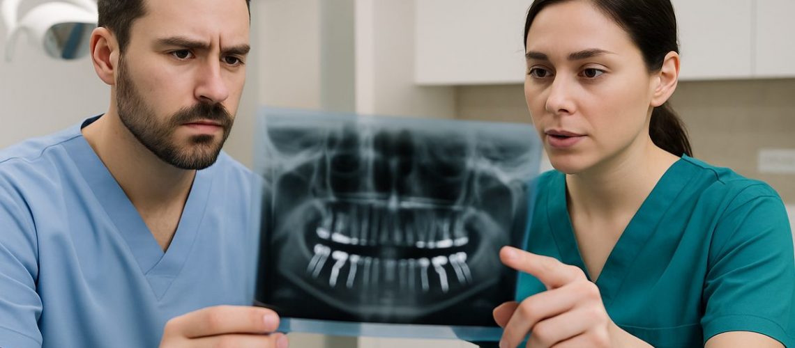 Image of a dentist consulting with an oral surgeon while looking at a panoramic x-ray of a patient's mouth, with dental implants visible. The setting is a modern dental office, and both professionals are wearing scrubs and appear focused on the image. No text on image.