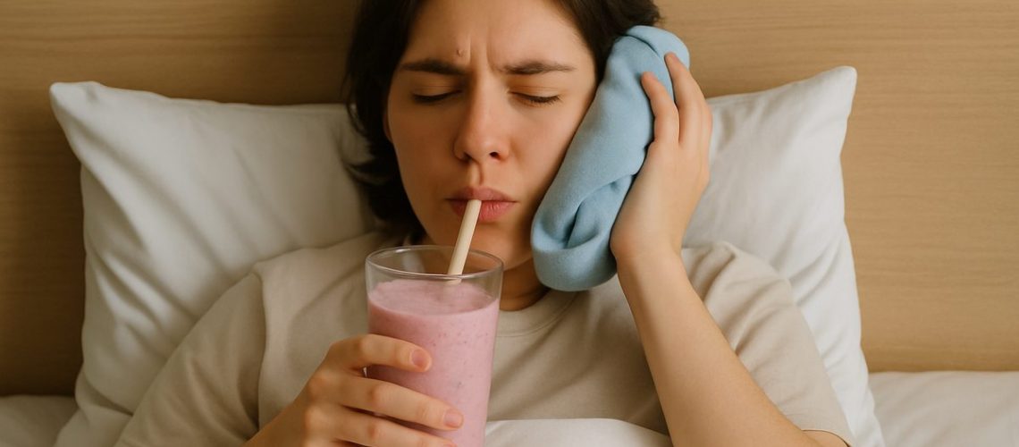 A person resting in bed, drinking a smoothie, and icing their jaw to represent wisdom teeth removal recovery. No text on image.