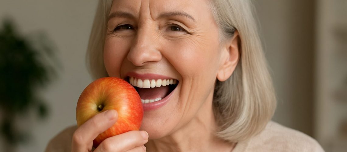 Image of a smiling senior woman with denture implants confidently eating an apple, showcasing the stability and functionality of the implants. No text on image.