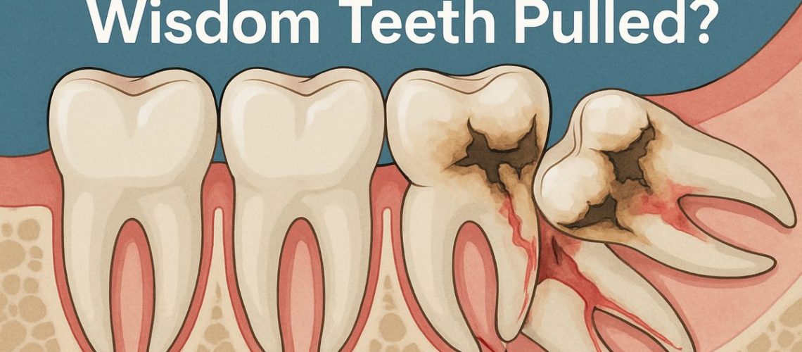 A digital illustration depicting impacted wisdom teeth pressing against adjacent molars, causing decay and root damage, with an overlay text asking "Why Do We Get Our Wisdom Teeth Pulled?".