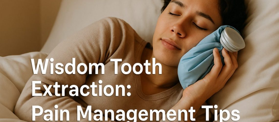 A person resting in bed with an ice pack on their cheek, looking relaxed and comfortable. The text on the image says "Wisdom Tooth Extraction: Pain Management Tips".