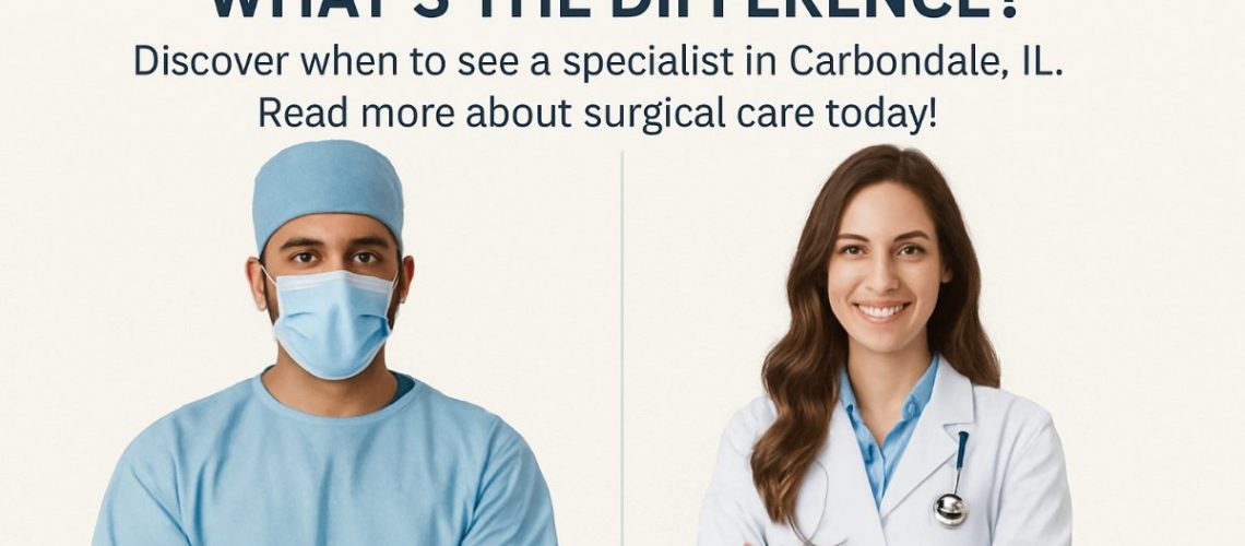 A split image comparing a general dentist performing a routine checkup with an oral surgeon conducting a complex surgery, emphasizing the differences in their roles. No text on the image.