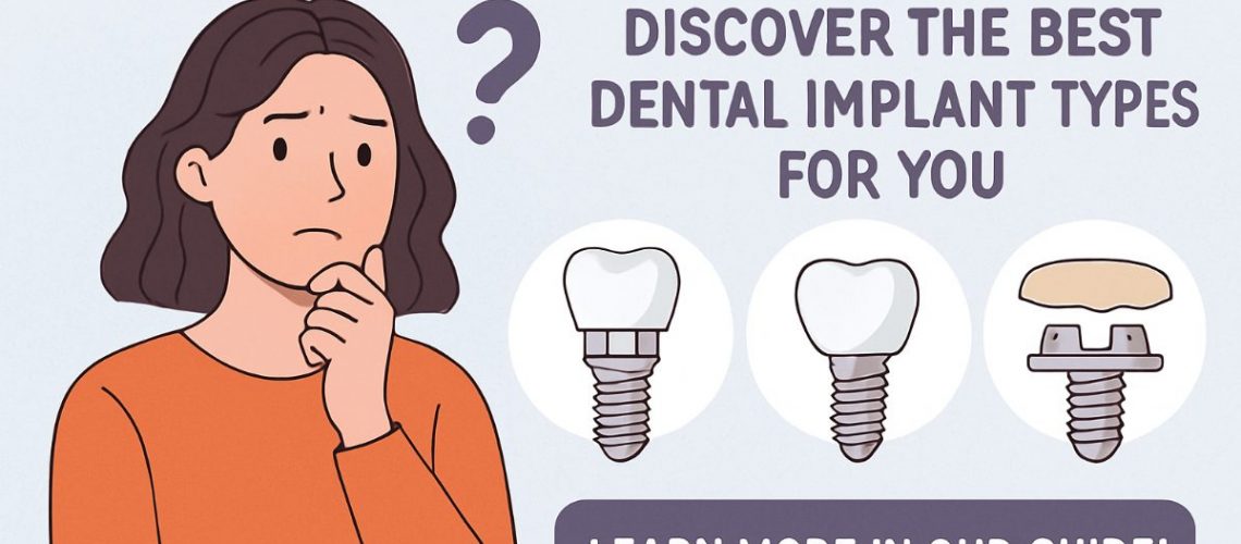 Image showcasing the two main dental implants types, endosteal and zygomatic implants. One side of the image shows a jawbone with an endosteal implant supporting a single crown, while the other side illustrates a zygomatic implant anchored in the cheekbone, supporting a full arch restoration. No text on the image.