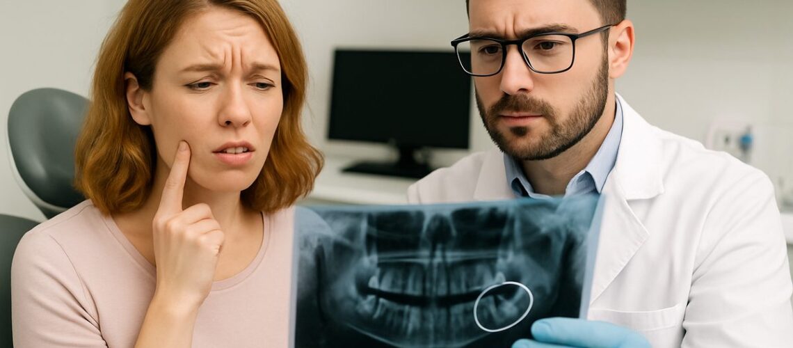 A concerned patient is pointing to their jaw in a dentist's office, while the dentist looks at an x-ray of the patient's mouth, highlighting an impacted wisdom tooth, no text on the image.