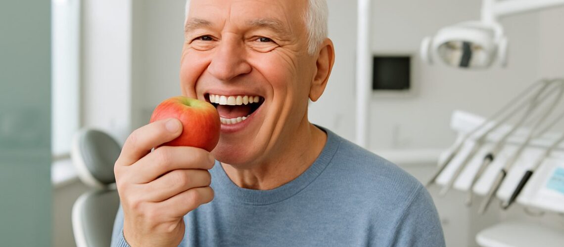 Image of a smiling senior patient with all-on-4 dental implants, confidently eating an apple. The background shows a modern dental office setting. No text on image.