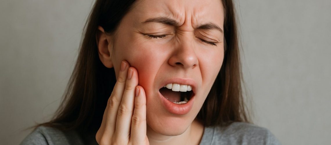 Image showcasing a dental professional explaining the placement of upper dental implants on a 3D model of an upper jaw to a patient, highlighting the implant's position relative to the sinus cavity. No text on image.