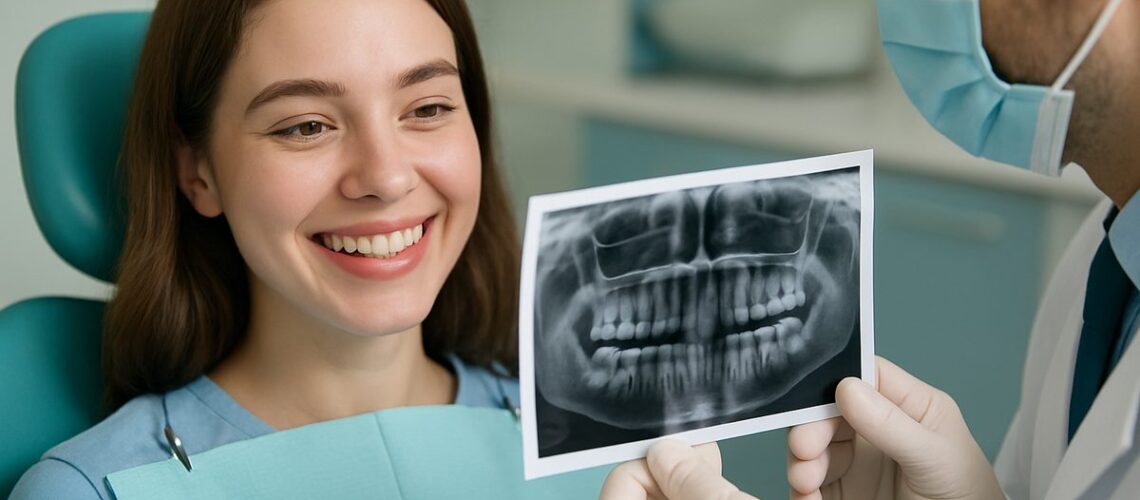 Image of a smiling young woman in a dental chair, with a dentist showing her an X-ray clearly indicating the absence of wisdom teeth. No text on image.
